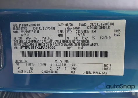 2020 Ford F-150 Xlt z USA, uszkodzony, nr VIN 1FTEW1E5XLFA97000